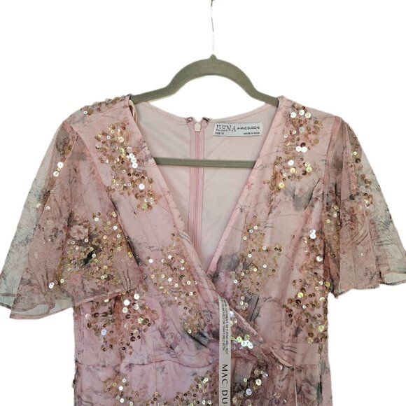 NWT Ieena for Mac Duggal Sequin Mesh Flutter Sleeve Faux Wrap Midi Dress Rose 12 - Picture 4 of 15